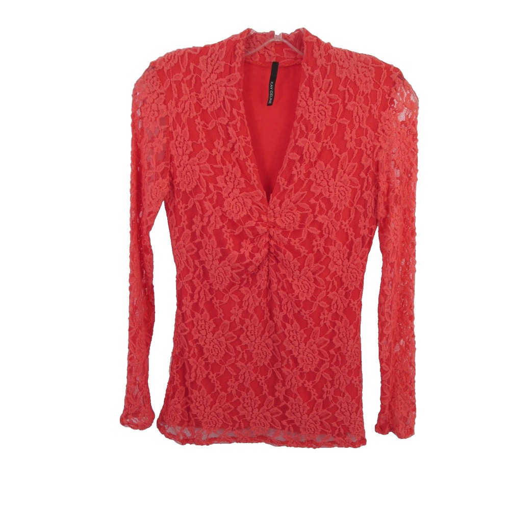 Kay Celine Orange Lace V-Neck Blouse XS Long Sleeve Boho Stretch Pullover